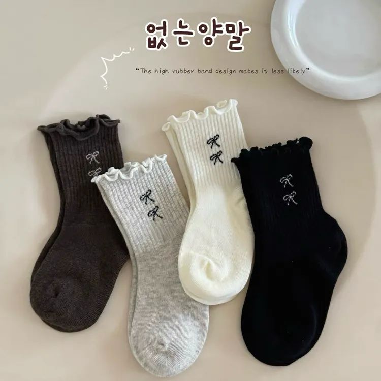 女童袜子春秋款无骨棉袜木耳边蝴蝶结女孩中筒袜复古韩版儿童秋天