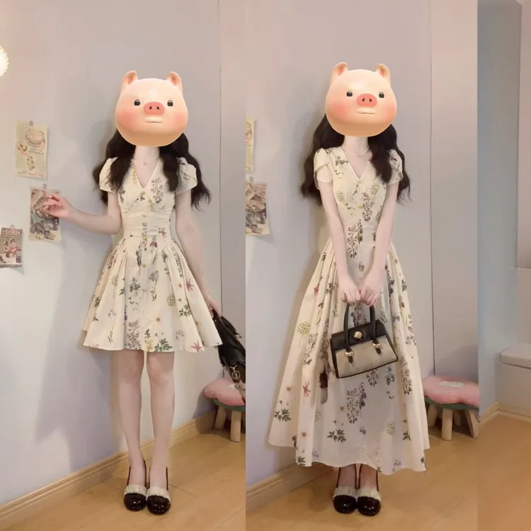 【泰兰德夏日】气质大码法式碎花连衣裙收腰显瘦设计感度假风长裙子