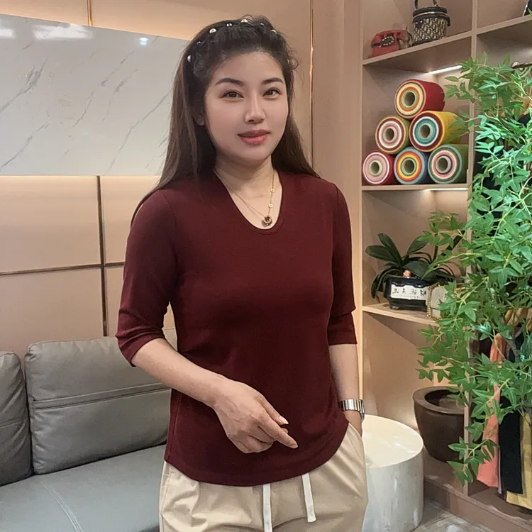 怡特美【肌底棉-鹅蛋领七分袖】浅秋时尚显瘦舒适亲肤U型领T恤5211