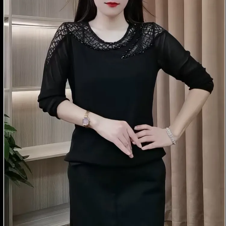 秋款半V领长袖气质时尚显瘦小衫蕾丝纯色上衣女士洋气衣服女131