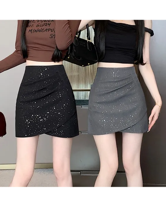 洋气西装半身a字短裙2025夏款时尚亮片褶皱设计高腰显瘦包臀裙
