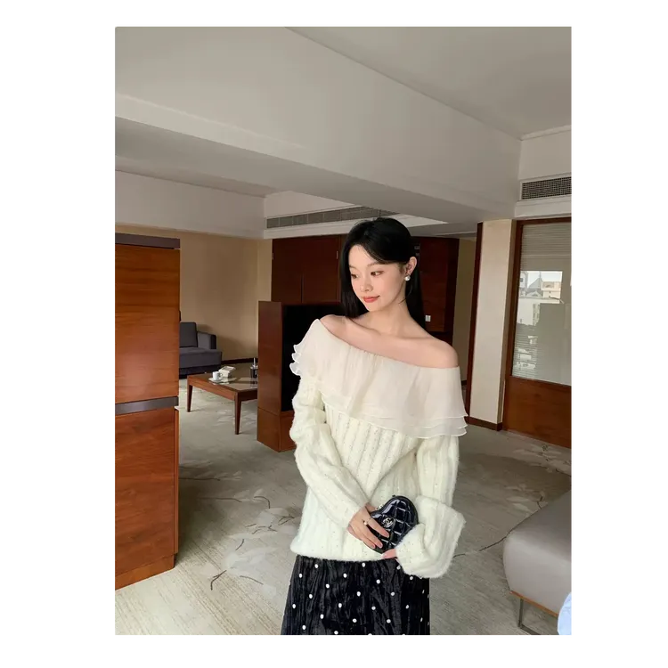 温柔风网纱荷叶边毛衣女秋冬高级感露肩上衣波点半身裙套装26589