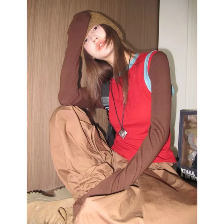 小众设计拼接假两件撞色长袖面膜T恤上衣女Q 9400#