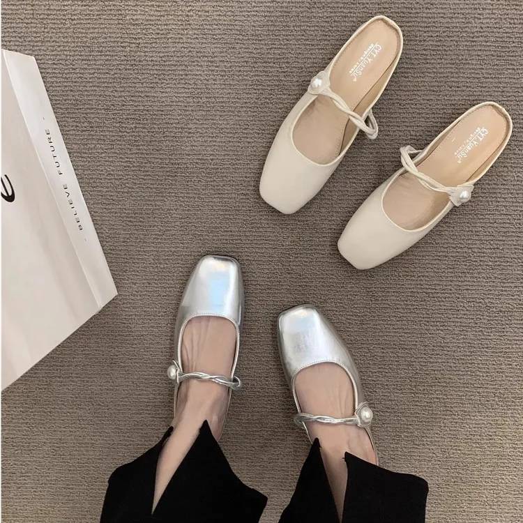 平底银色包头半拖鞋女夏季外穿2025新款一脚蹬孕妇法式玛丽珍单鞋
