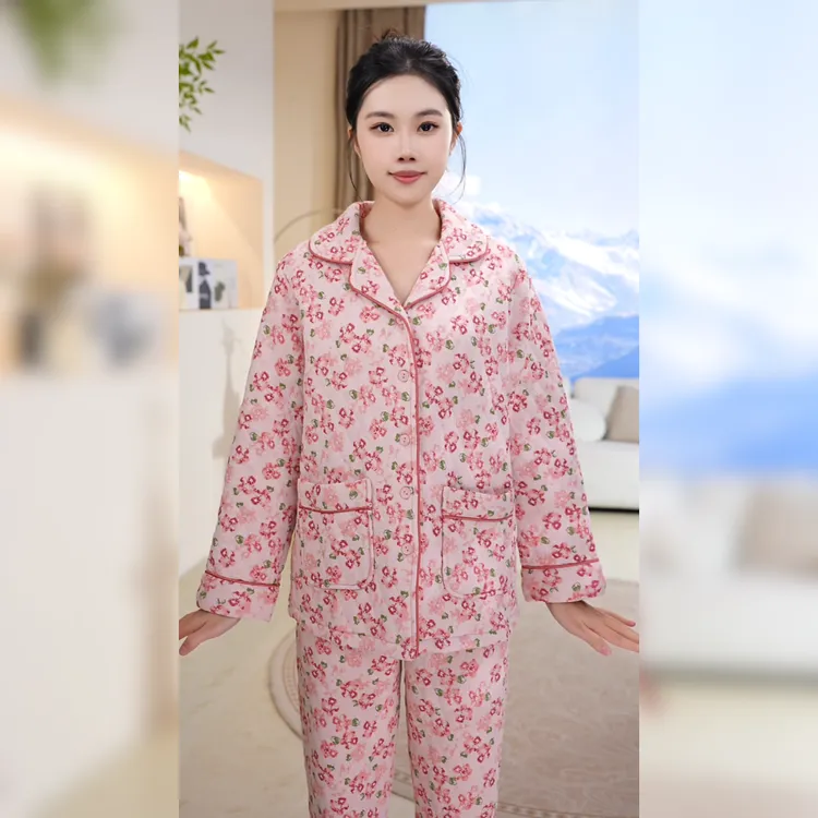 佐菲【纯棉夹层】2025碎花蝴蝶领女士秋冬季针织薄夹棉家居服套装