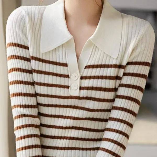 品牌 法式条纹POLO领内搭针织衫女秋冬翻领修身打底衫毛衣上衣