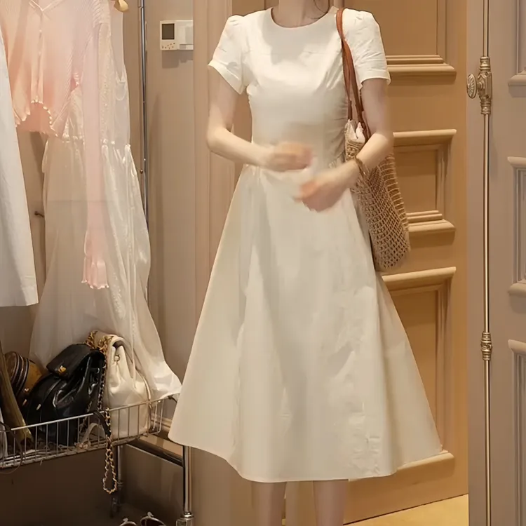 夏季时尚胖妹妹简约风淡黄连衣裙收腰掐腰显瘦甜美风气质风连衣裙