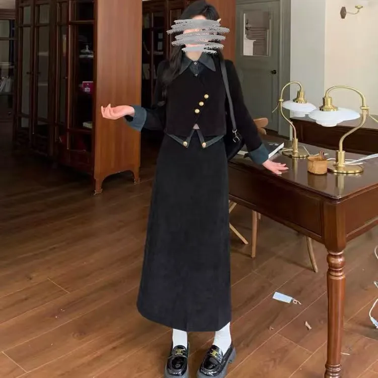 秋季新款法式假两件小香风外套高腰显瘦半身裙套装