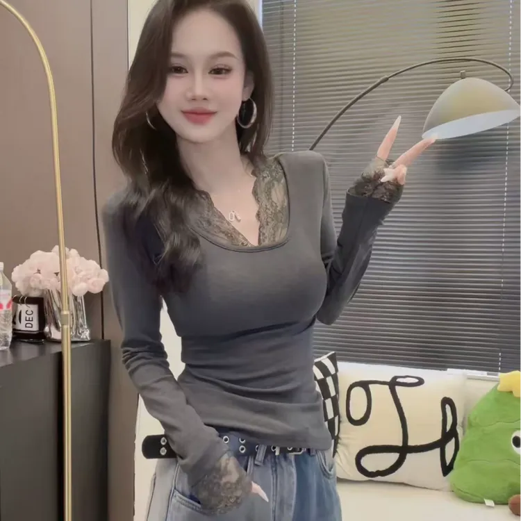 2025新款U型领纯欲风拼接荷叶边法式T恤弹力短款辣妹风 1065