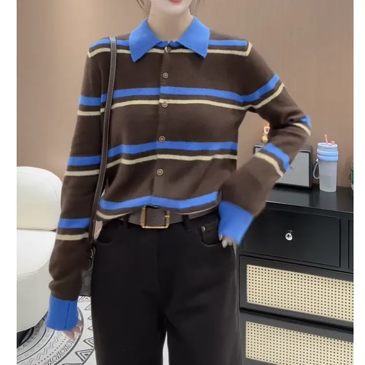 撞色条纹毛衣上衣女2025年秋冬新款大码洋气百搭显瘦长袖针织开衫