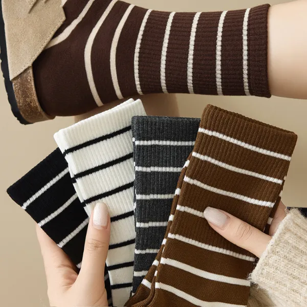 条纹袜子女款秋冬纯棉中筒袜美拉德咖色棉袜配鲨鱼裤运动长袜冬季