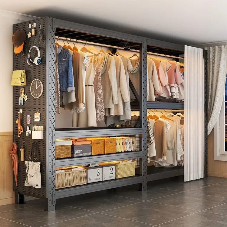 开放式货架衣柜简易组装家用卧室房衣帽间出租房用钢制金属挂衣架