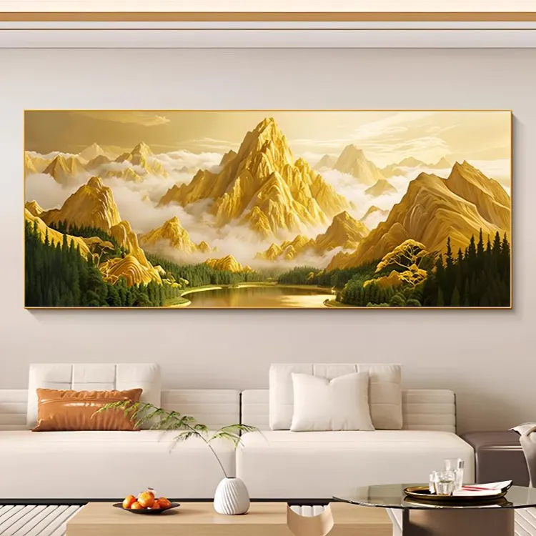 新款背靠金山金色增强沙发背景茶室客厅晶瓷镶钻铝合金边框装饰画