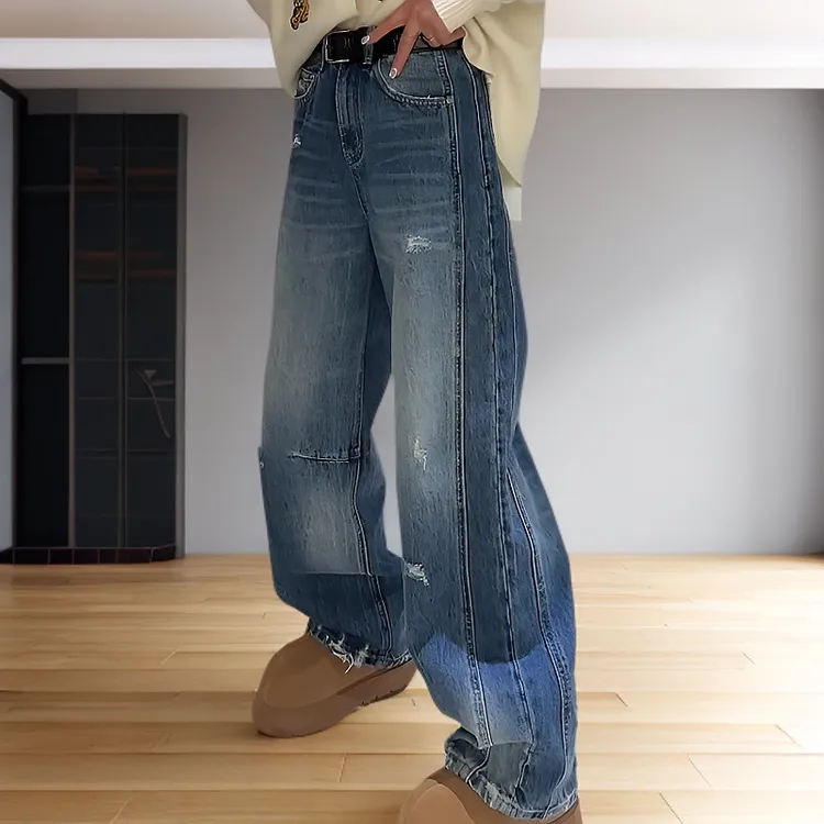 美式高街秋冬厚绒高腰直筒双股位阔腿牛仔裤宽松休闲慵懒风裤子