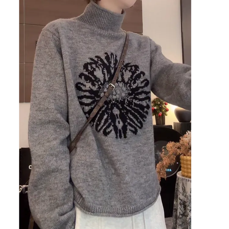 设计感高领复古提花毛针织衫百搭秋冬上新时尚气质长袖小香风毛衣