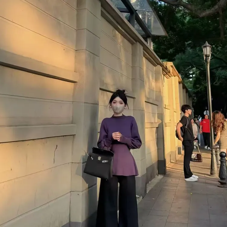 纯欲风高级感蝙蝠袖半高领针织衫时尚掐腰显瘦百搭上衣女I9-11