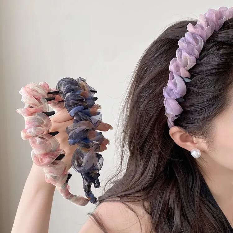 超仙渐变网纱褶皱齿梳发箍蓬松高颅顶日常百搭通勤发箍发卡头饰新