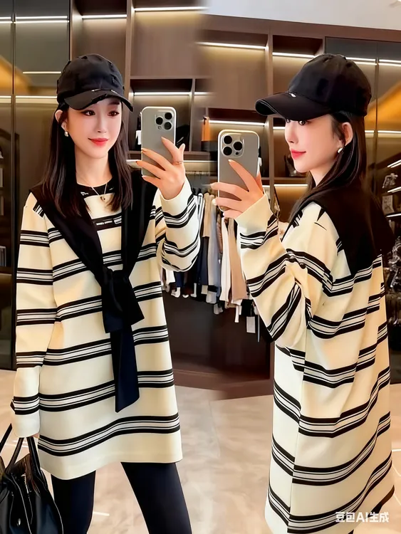 条纹针织薄款女圆领长款织衫假两件韩版女装显瘦洋气百搭
