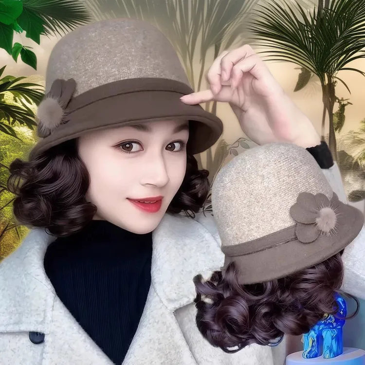 秋冬新款一体帽假发女士短卷发全头套时尚妈妈款渔夫帽假发
