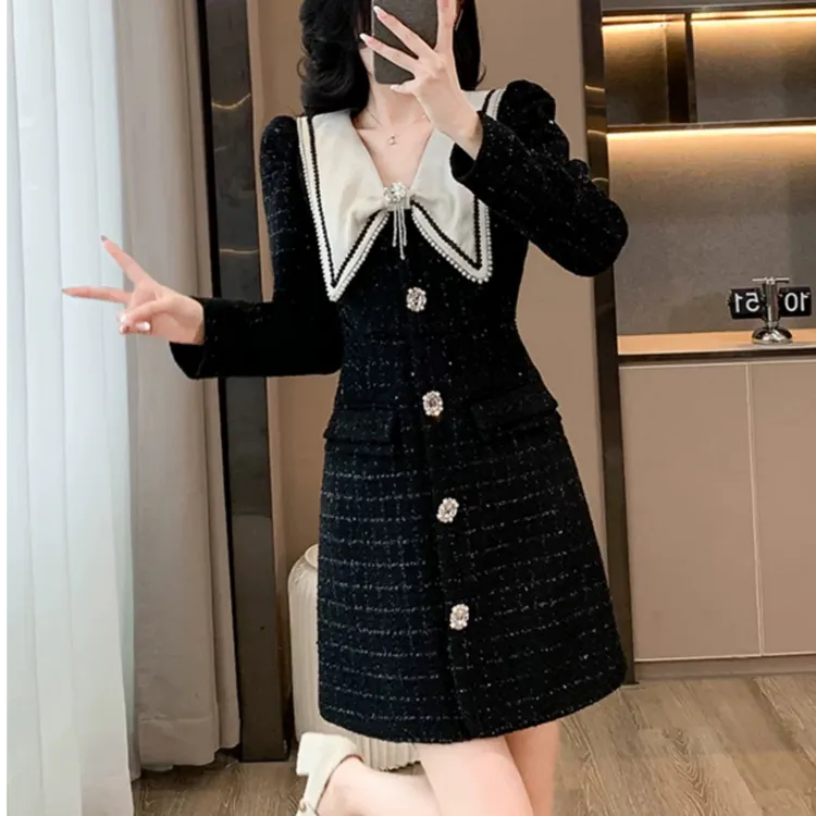 黑色名媛气质小香风连衣裙女秋冬2024新款法式高端修身中长裙