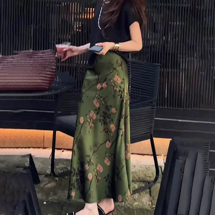 国风优雅印花夏季时尚醋酸缎面半身裙2025气质修身中长鱼尾裙