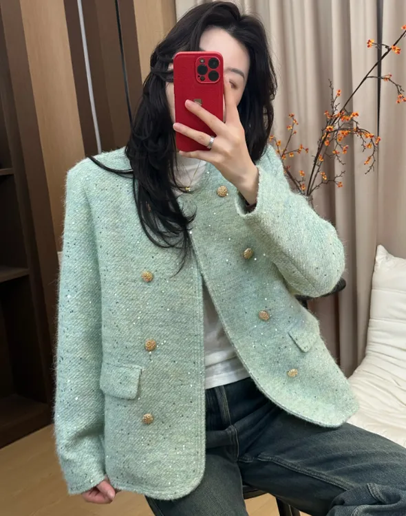 ( 绿色心情 )2025冬季款法式亮片双排扣气质时尚小香风外套上衣