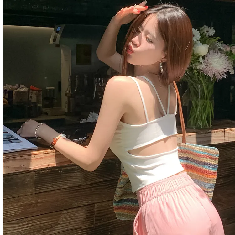 蓝色吊带背心女夏外穿内搭带胸垫海边穿搭美背文胸一体辣妹上衣