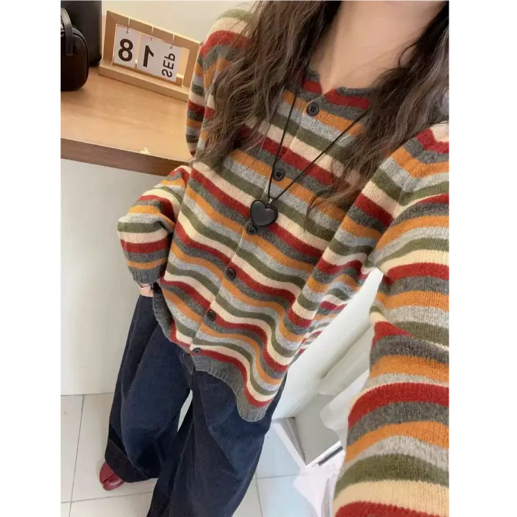 【运费补贴】彩色条纹开衫上衣女毛衣春秋宽松圆领套头针织衫A617