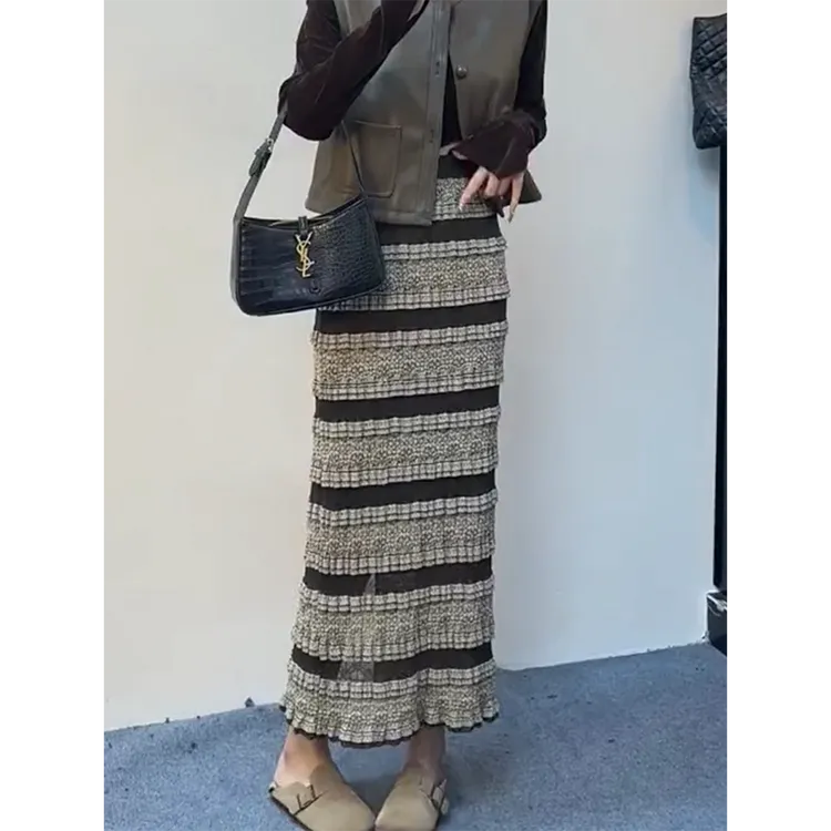 法式条纹个性高腰显瘦半身裙女早秋新款时尚减龄洋气垂感直筒裙子