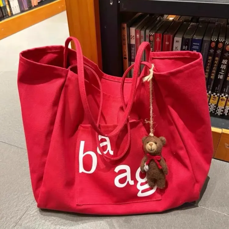 慵懒松弛感包包韩系大容量红色字母帆布包百搭学生上课通勤托特包