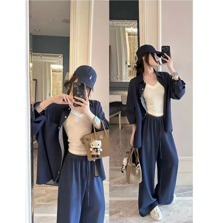 百搭老钱风松弛感女装贵气遮肉仿牛仔衬衣+直筒阔脚裤两件套#6112