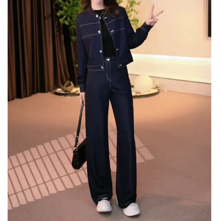新款套装2025早春时尚高定轻奢气质显瘦牛仔复古外套直筒裤两件套