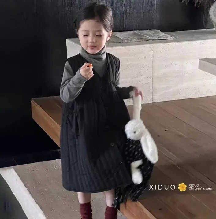 女童秋冬新款套装德绒打底衫休闲夹棉背心裙女宝宝时尚两件套