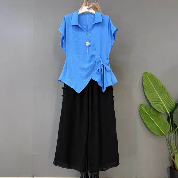 新款大码女装时尚气质不规则小翻领上衣十阔腿裤（可单拍）