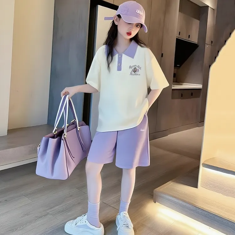 女童套装夏装2025新款儿童洋气Polo领t恤中大童运动短裤两件套潮