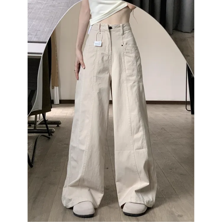 美式米杏色复古工装牛仔裤女夏季新款高腰宽松显瘦直筒阔腿长裤