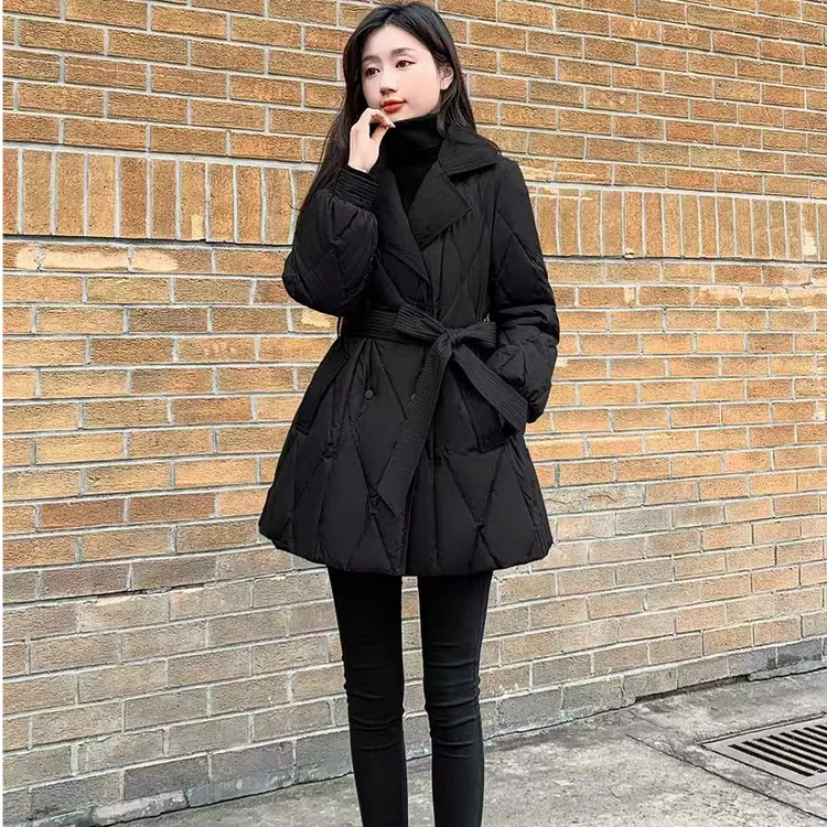 2024新款冬季收腰显瘦中长款羽绒棉服黑色小个子西装外套棉衣ins