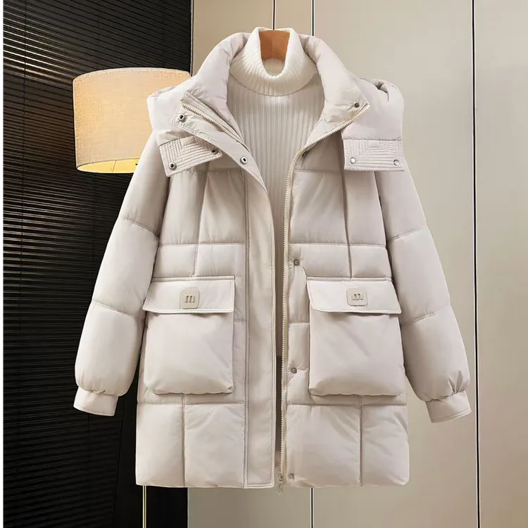 2025年新款流行时尚韩版棉服女冬季中长款加厚帽子可拆卸外套