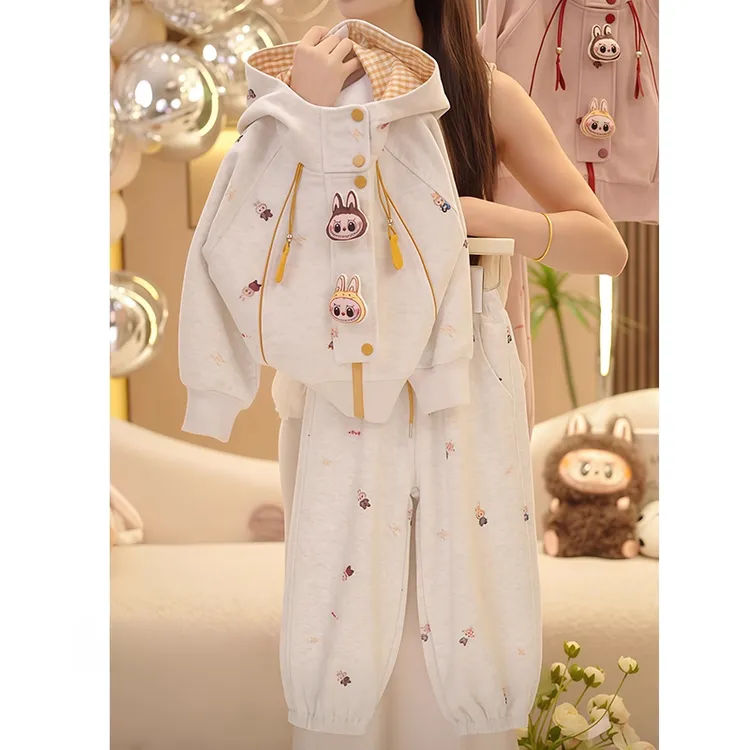 女童拉布布卡通套装春秋款2025新款格子连帽运动外套卫裤卫衣开衫