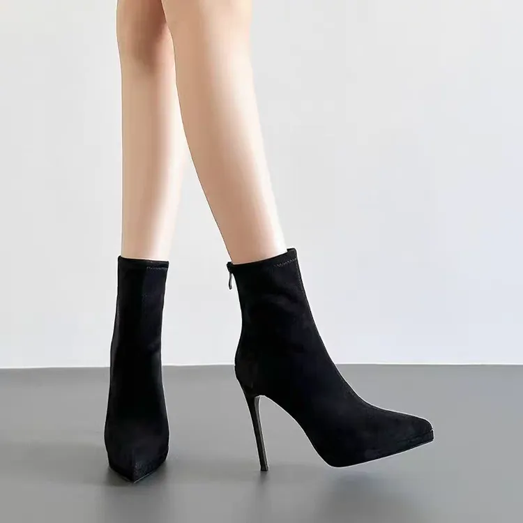 秋冬裸色瘦瘦靴高跟鞋女细跟法式气质短靴防水台绒面尖头弹力靴子