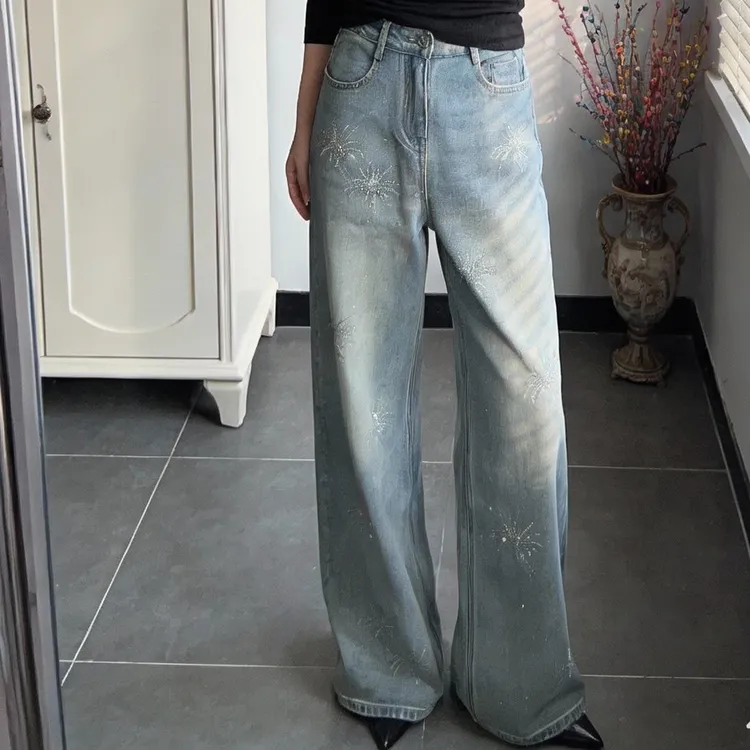 【星钻烟火】新款重工烫钻高腰弹力时尚百搭显瘦显腿长牛仔长裤女