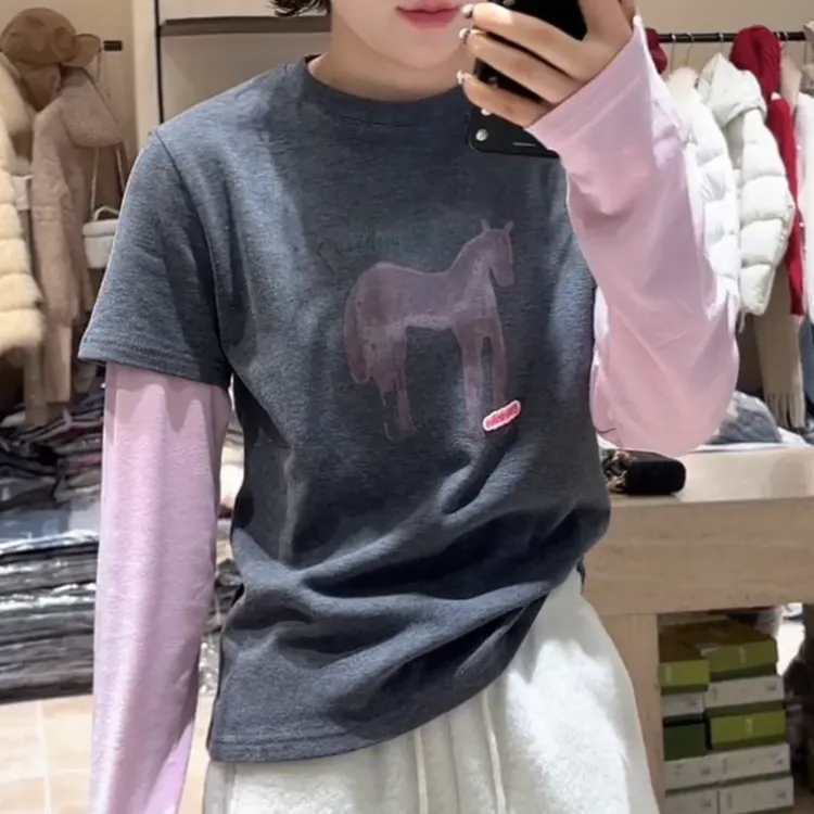 2026新款时尚百搭韩版设计感动物图案假两件T恤LK2509262