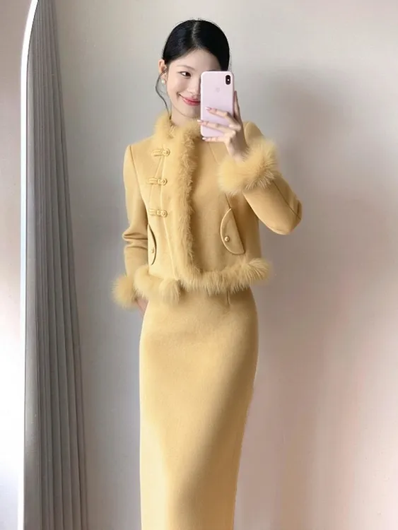 温柔风淑女气质小香风重要场合高级感黄色外套半身裙两件套装女冬