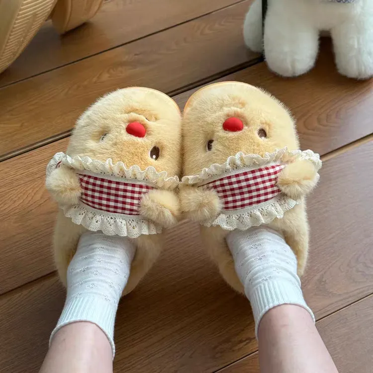 可爱黄油小熊毛绒棉拖鞋女款2025新款居家外穿加绒保暖毛毛拖鞋女