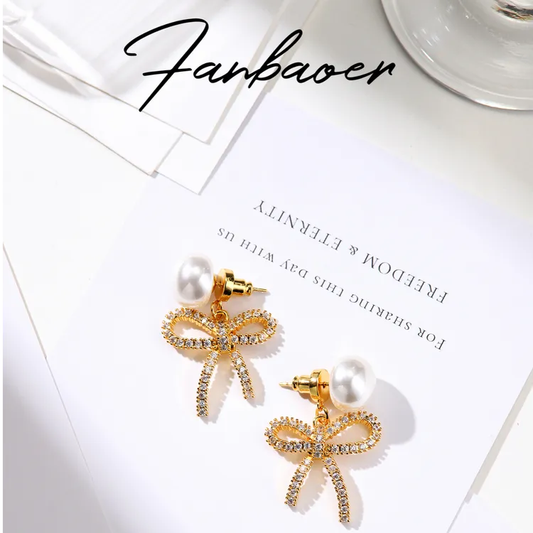 铜合金仿珍珠耳饰 轻奢FANBAOER超精致蝴蝶气质小众耳环E08819