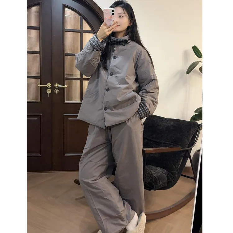 韩版简约情侣款双面夹棉睡衣女秋冬款加厚大码棉服保暖家居服套装
