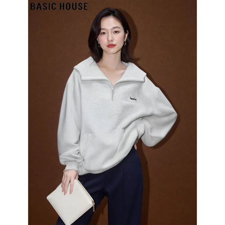 Basic House/百家好美式慵懒风套头半拉链翻领灰色卫衣女2025秋冬