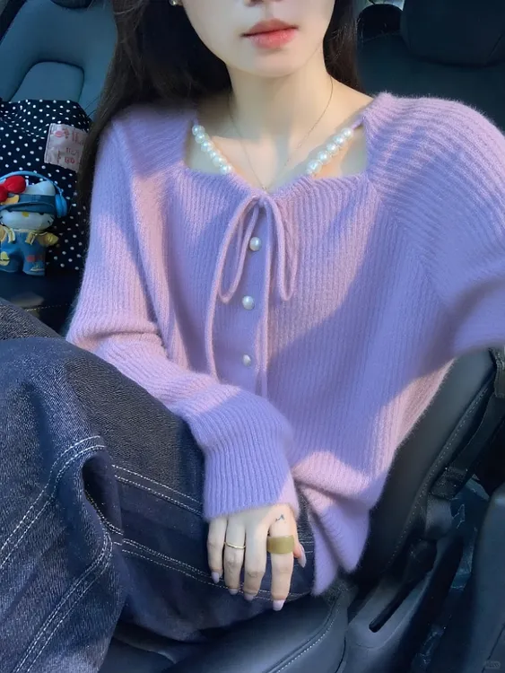 甜美风紫色蝴蝶结系带针织开衫女秋冬季新款时尚洋气百搭毛衣外套