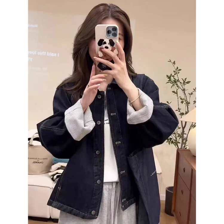 春季韩系袖口拼接条纹短牛仔外套女2025新款休闲宽松显瘦夹克上衣