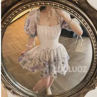 【现货】LUOLUOZ【月貌花容】气质绝美色系收腰泡泡袖短款连衣裙JF820